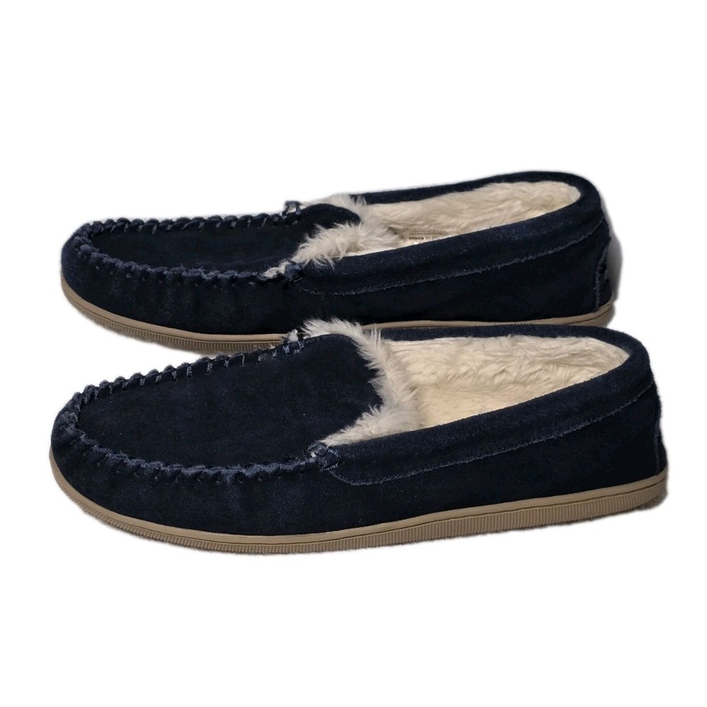 J.Crew Mens Moccasin Slippers Size 9 Navy Blue Faux Fur Lined Comfort Shoes
